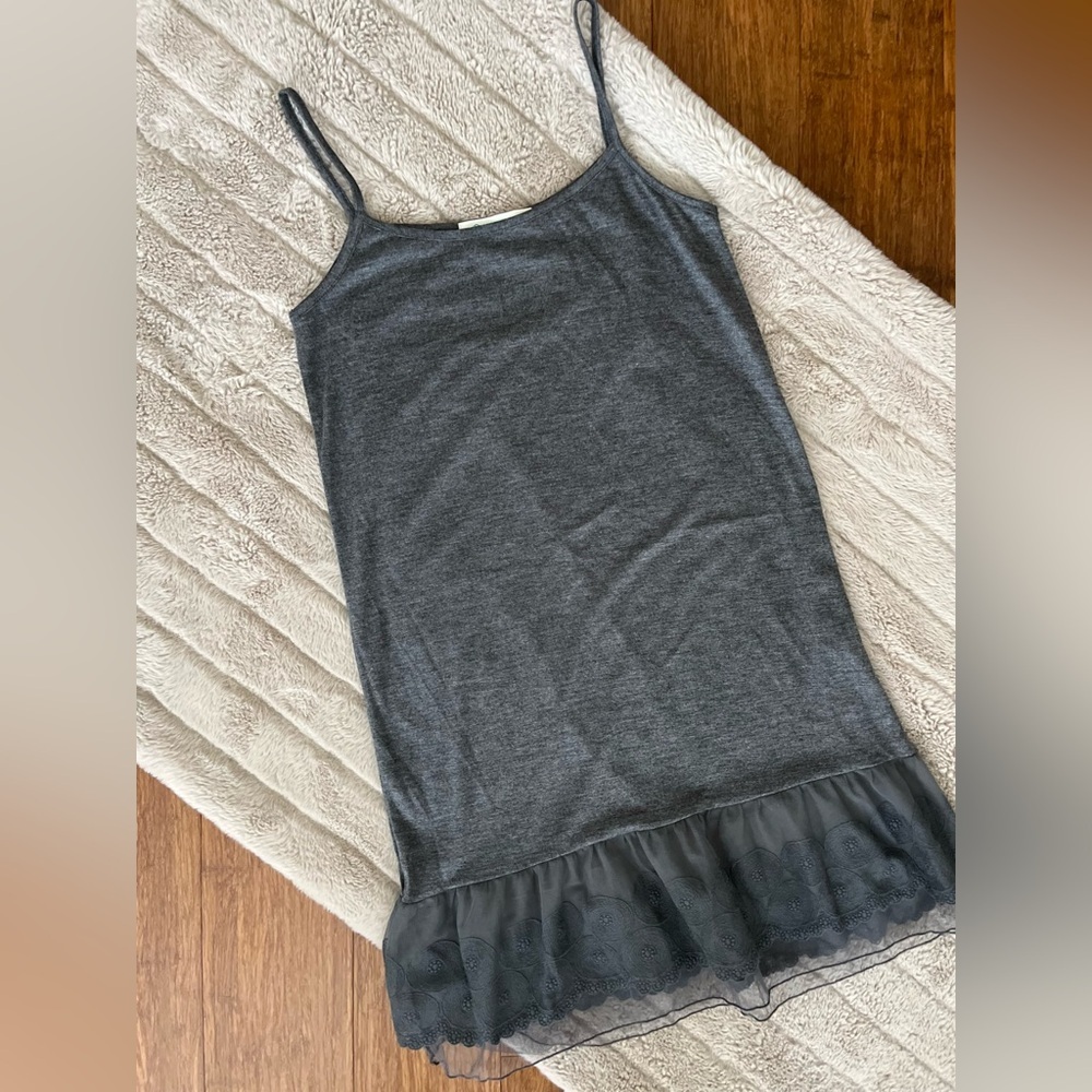 Tank Dress T Knit O2 Collection Heather Gray Sheer Tulle Eyelet Ruffle Hem SZ S - Picture 6 of 6